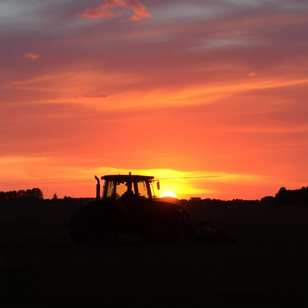 Tractor trabajando al atardecer